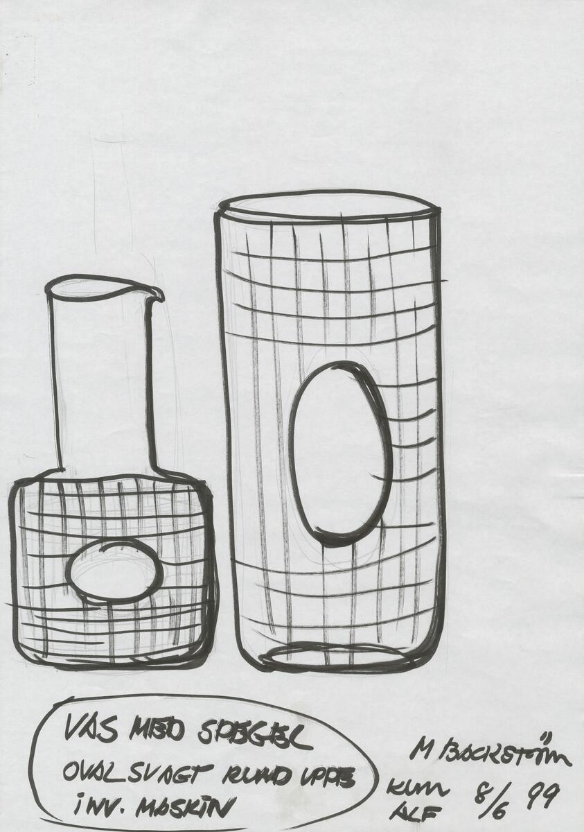 Skisser till ett antal föremål - vaser, kannor, ishink - samtliga rutmönstrade med cylindriska eller runda former. Noteringar.