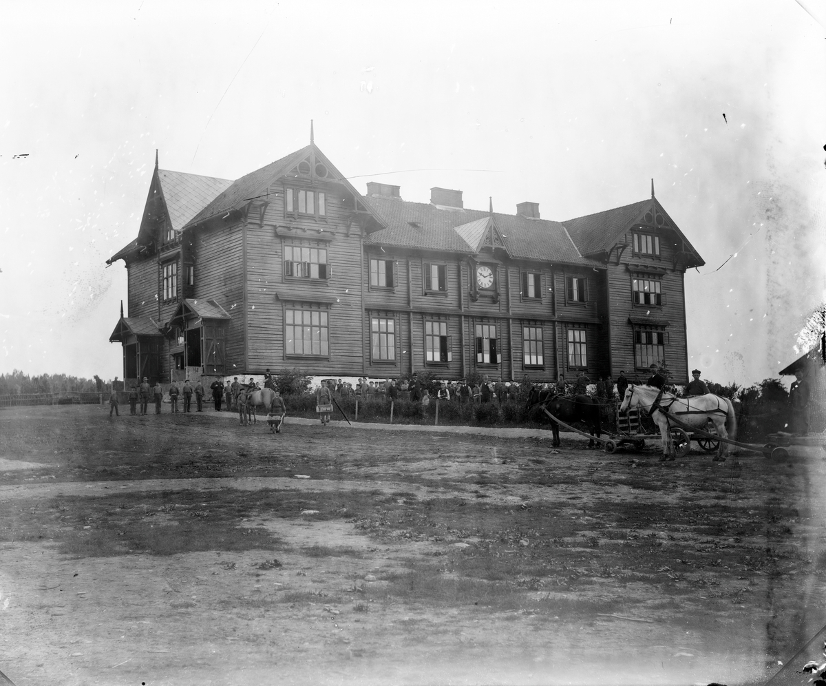 Toftes Gave på Helgøya, elever , personale og husdyr foran hovedbygningen.