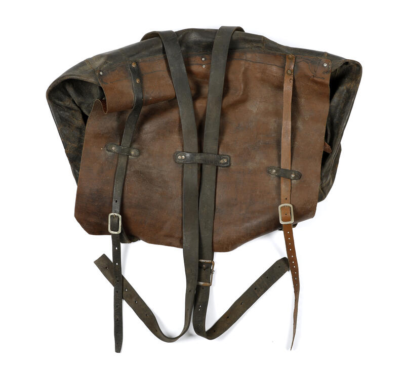 Leather knapsack.