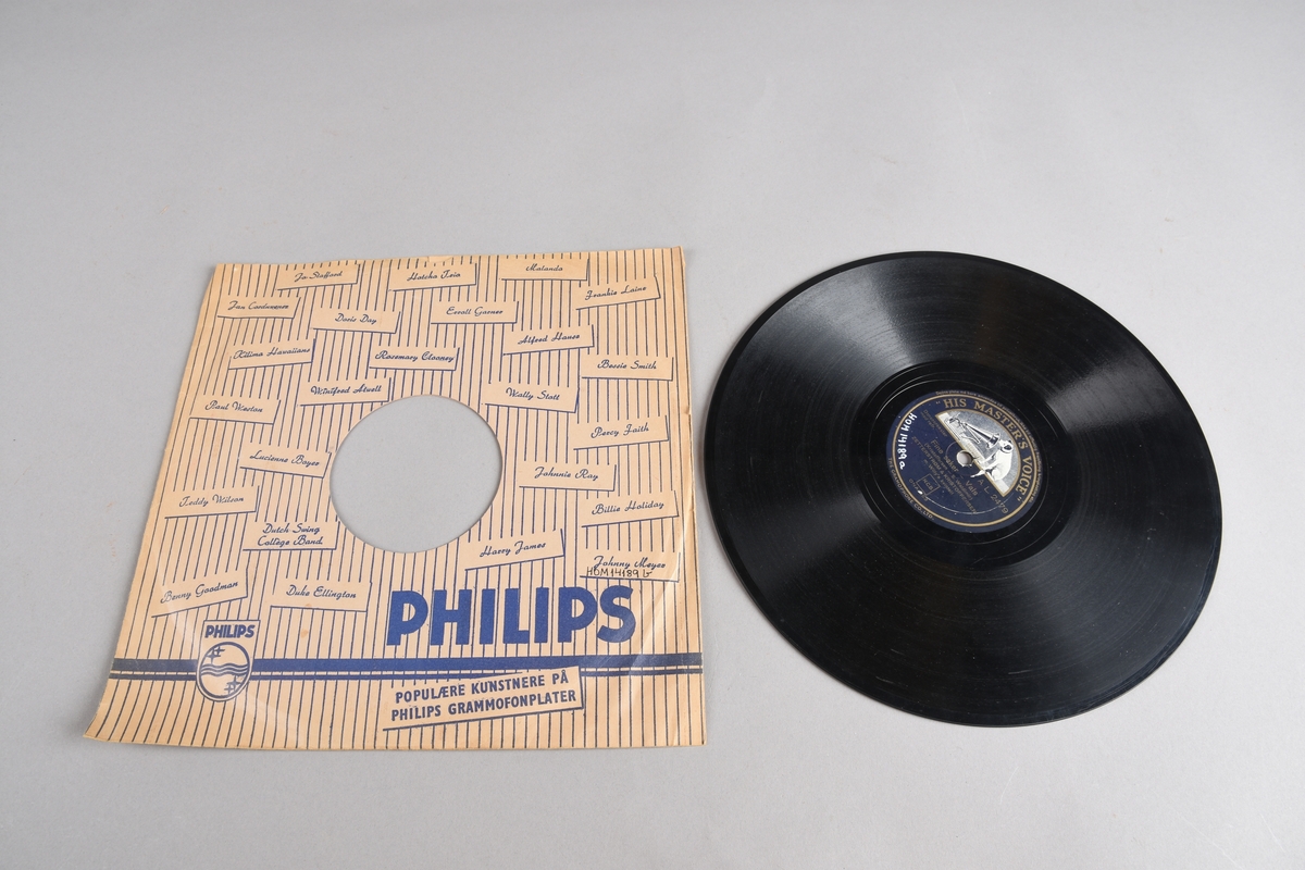 His Master's Voice, 78-grammofonplate med musikk av Zetterström & Kristoffersen viseduo. Plata har mørk blå etikett med gullfarga dekor. Ligg i eit plateomslag frå Philips.