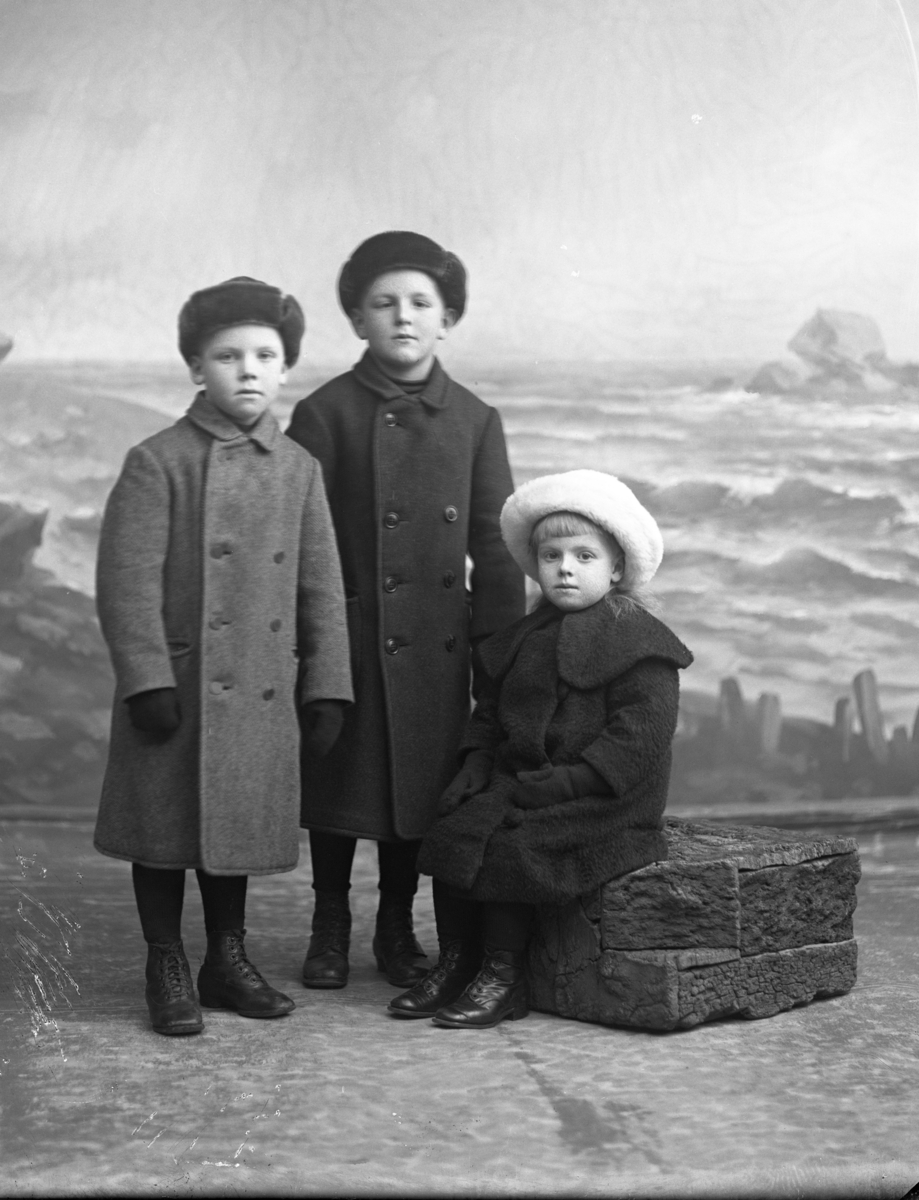 Ateljébild med tre barn i helfigur varav en flicka sitter. Samtliga iklädda tjocka långa ytterkläder, pälsliknande mössor och vantar. Beställare: Fru Emil Nilsson, Falkens Nederlag.