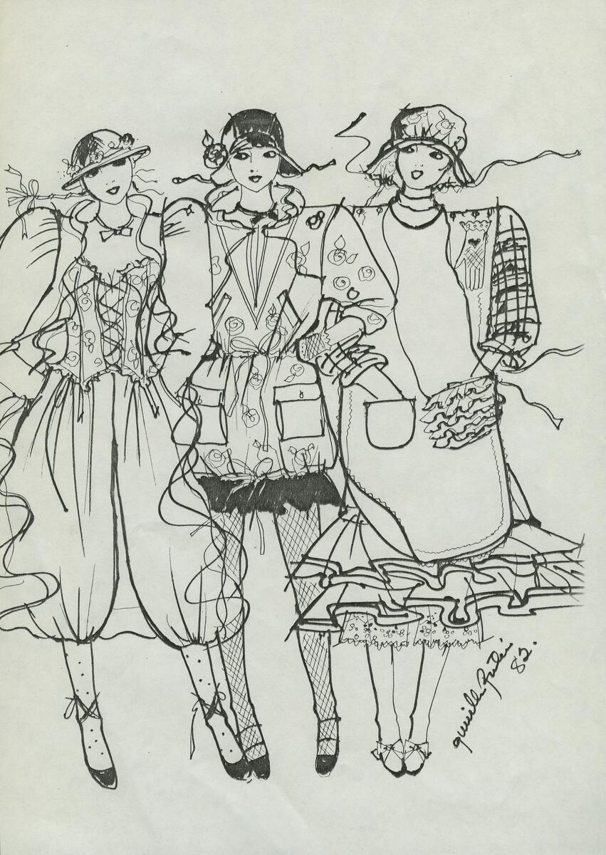 Skissen visar tre kvinnor iförda klänningar i olika modeller med volanger och blommönster, samt hattar och högklackade skor.