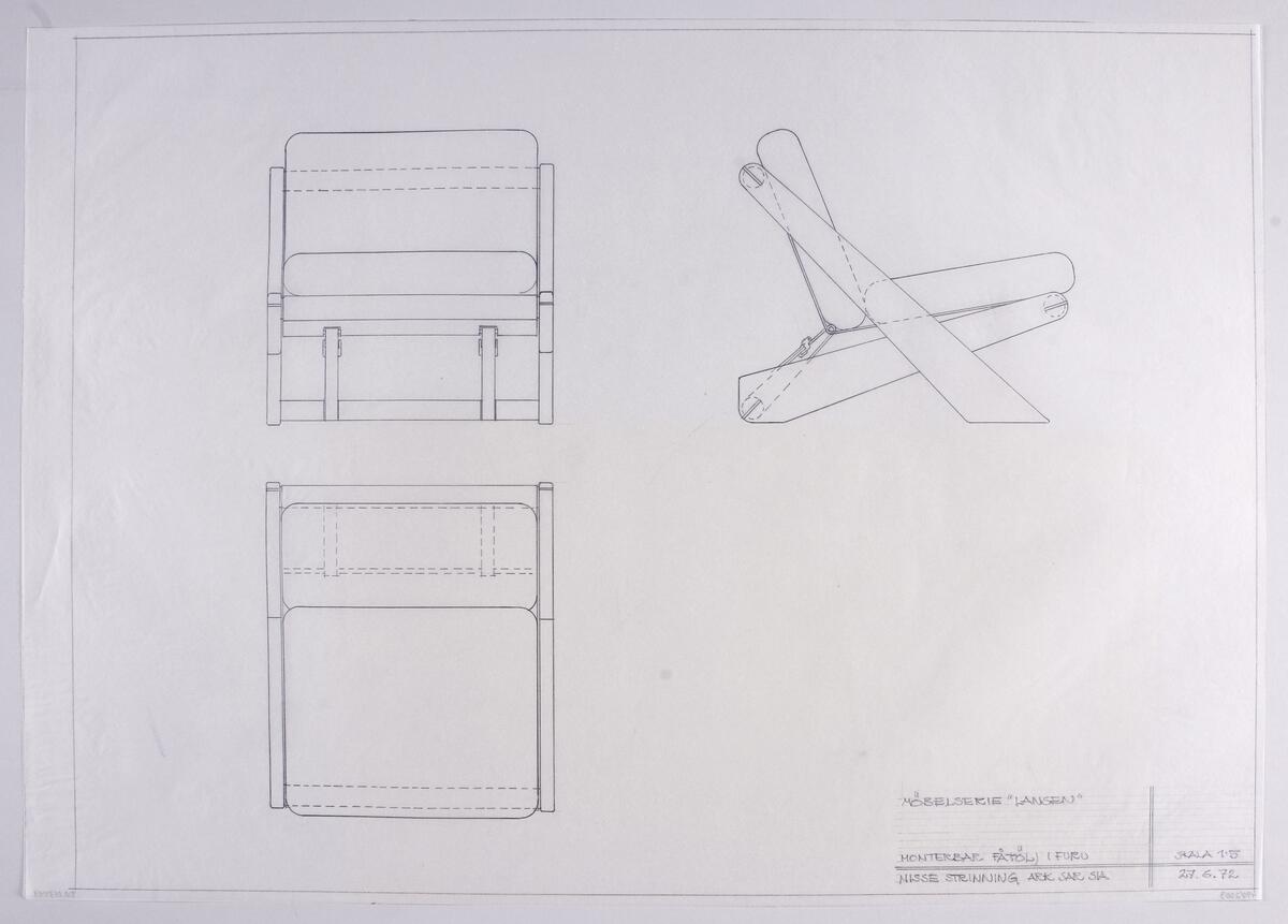 Skisser i skala 1:5 till en monterbar möbelserie i furu, i vilken ingår ett hyllsystem, soff- och hörnbord, två- och tresitssoffor, fåtöljer samt en tv-bänk. Möblerna visas ur olika perspektiv. Även detaljritningar. Noteringar. Måttangivelser.