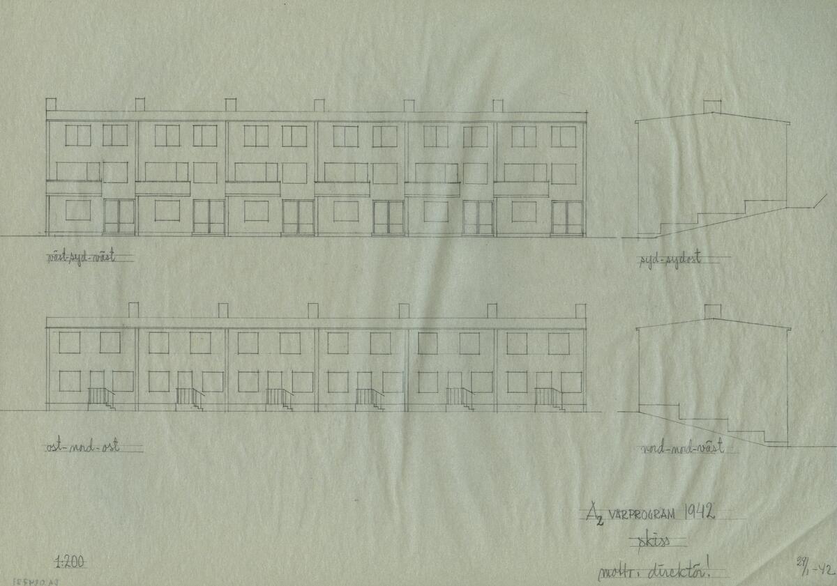Planritningar över en treplansvilla, samt skisser av villans fasad från olika väderstreck. Noteringar.