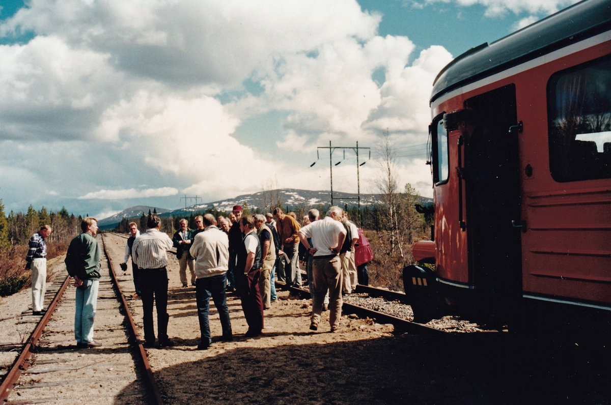Arméns Underhållsskola, US, på informationsresa längs Inlandsbanan i juni 1996. Sista stoppet innan Gällivare med Dundret i bakgrunden.