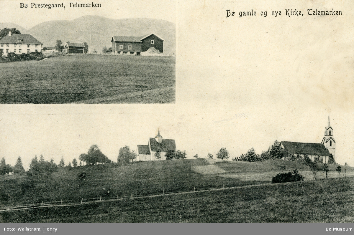 Bø kyrkjene og Bø prestegard, todelt prospektkort