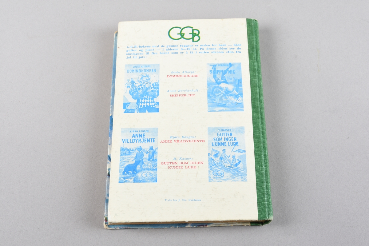Barnebok i serien GGB-Gyldendals gode barnebøker. Boka har grøn shirting med gullfarga trykk i ryggen, stive permar trekt med papir med fargemotiv på framsida og bilete av andre bøker i serien på baksida. 116 sider med tekst.
