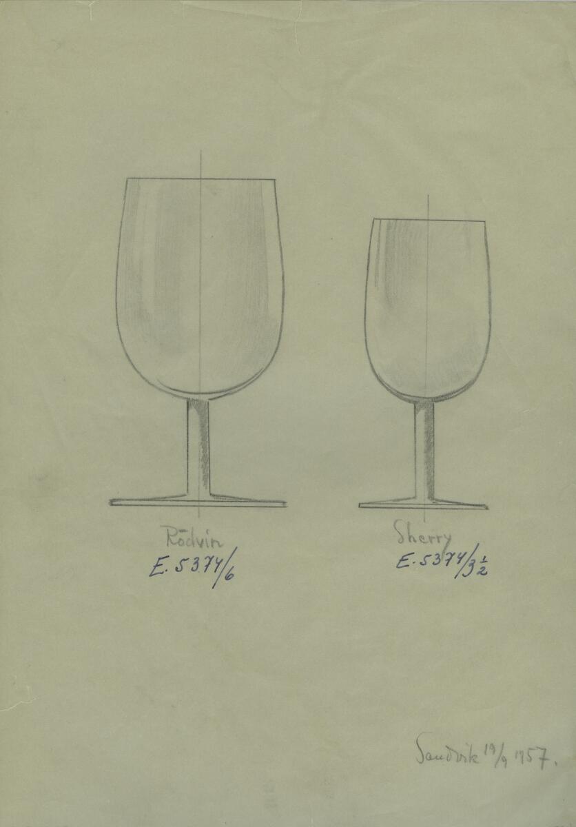 Skisser till ett rödvinsglas och ett sherryglas med tulpanformade kupor och raka ben. Noteringar.