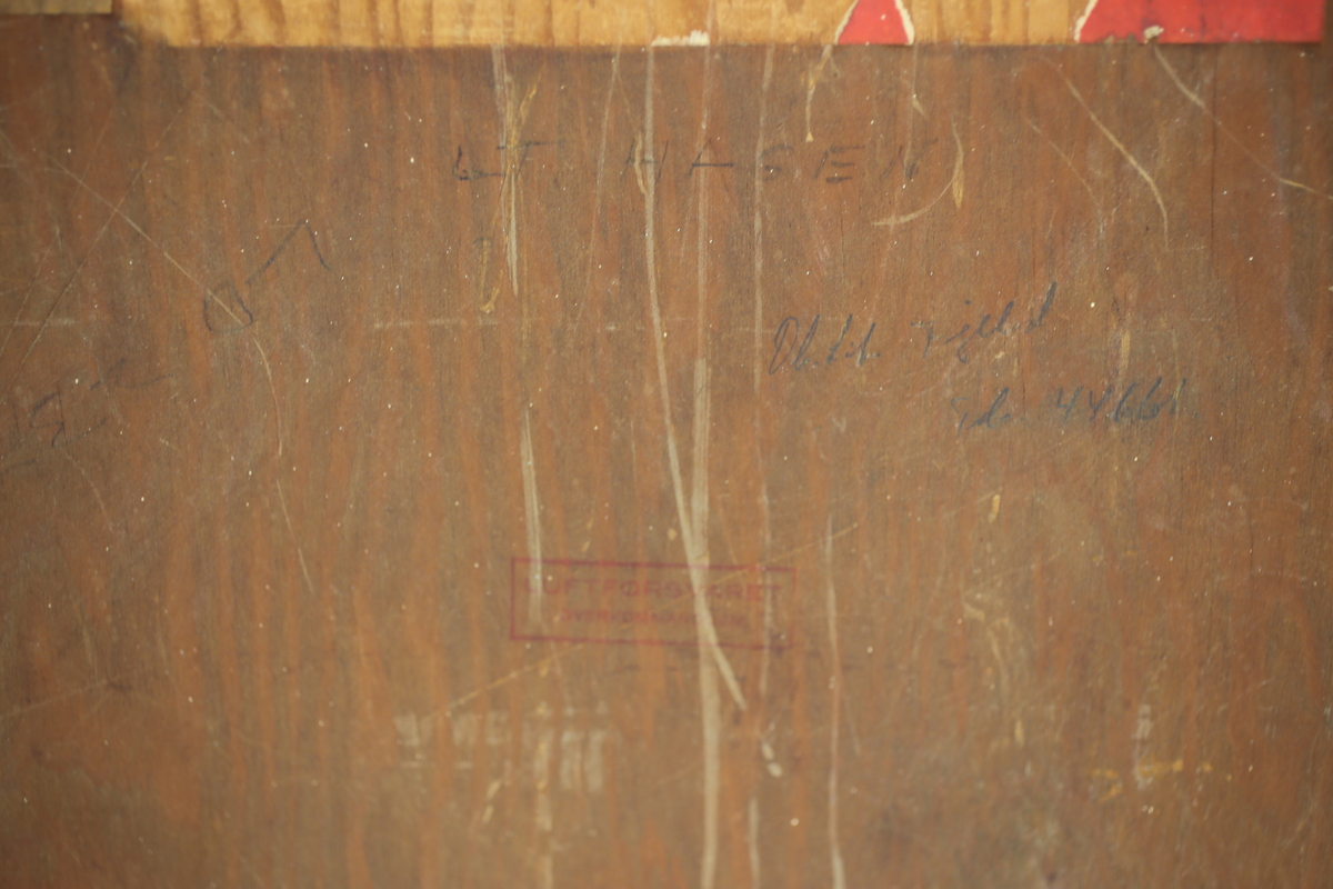 Maleri av pilot under 2. verdenskrig. På baksiden er det festet en skadet konvolutt sendt fra England til "AIR FORCE OSLO NORWAY". Konvolutten er senere stemplet "LUFTFORSVARET OVERKOMMANDOEN".