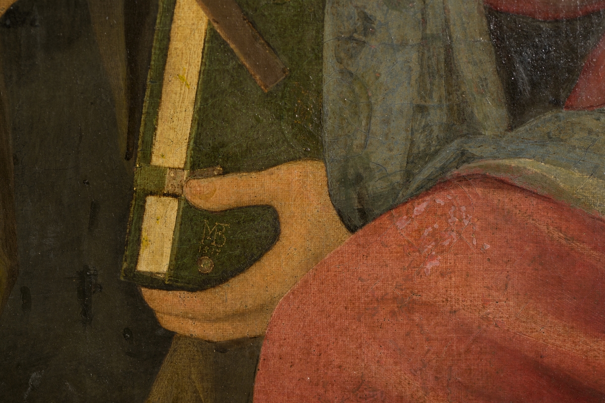 Maria med Jesusbarnet samt fyra helgon; i mitten framför en grön skärm sitter Maria, hållande Jesusbarnet; från höger till vänster, två kvinnliga helgon (S:t Clara och en okänd); till höger, två manliga helgon (Johannes Evangelista och Petrus)
