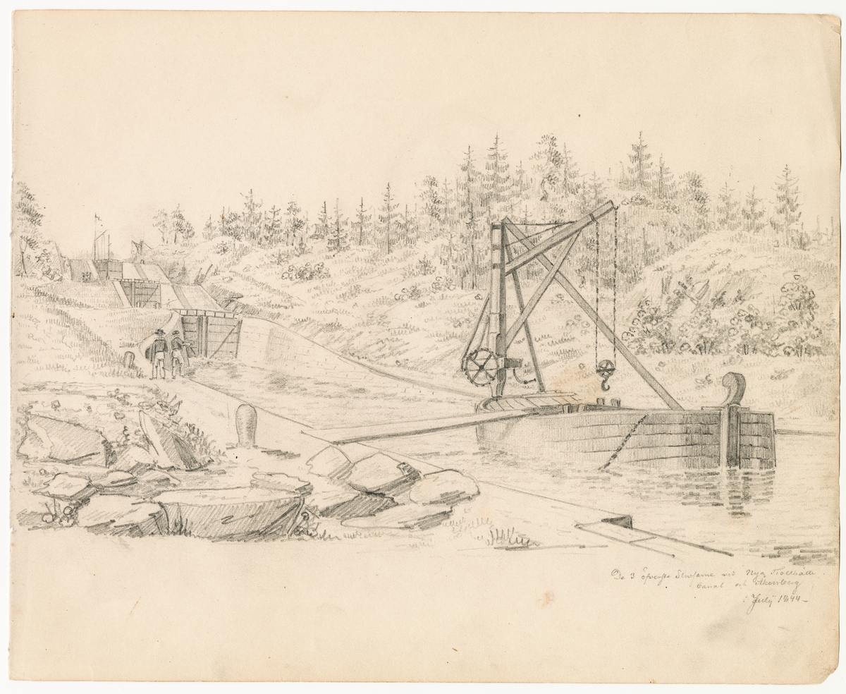 Blyertteckning: De 3 öfversta Slussarna vid Nya Trollhätte Canal och Åkersberg i Juli 1844 (lösblad)

Ur ett halvfranskt band med blyertsteckningar och akvareller.