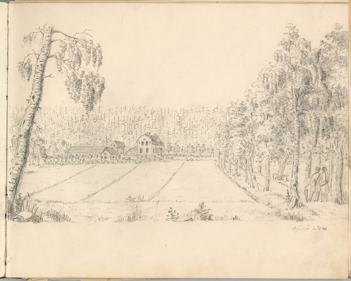Blyertsteckning:  Björkås d 8/ 5 1844.

Ur ett halvfranskt band med blyertsteckningar och akvareller.