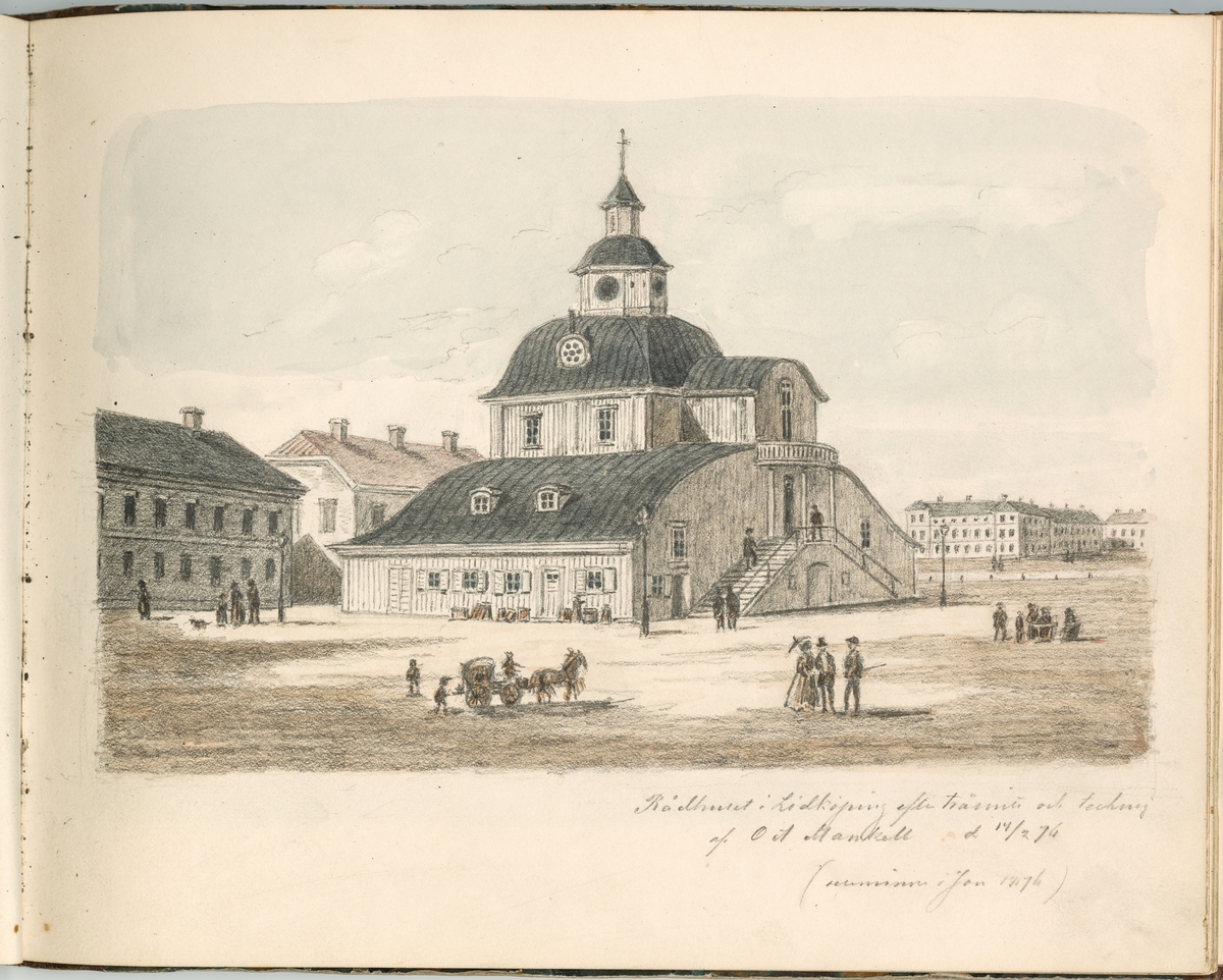 Akvarell: Rådhuset i Lidköping  efter träsnitt och teckning av O A Mankell 14/2 1876 (reseminne i jan 1876).

Ur ett halvfranskt band med blyertsteckningar och akvareller.