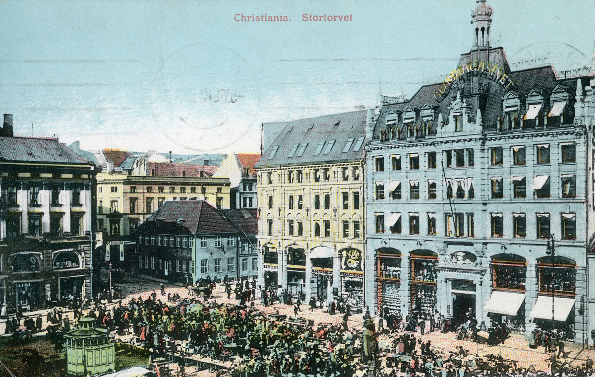 Postkort med motiv frå Stortorvet i Oslo.