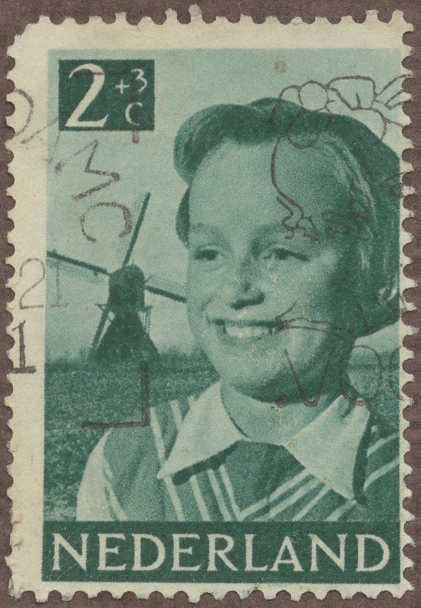 Frimärke ur Gösta Bodmans filatelistiska motivsamling, påbörjad 1950. Frimärke från Nederländerna, 1951. Motiv av Väderkvarn i bakgrund "-Flicka- -För barnvård-"