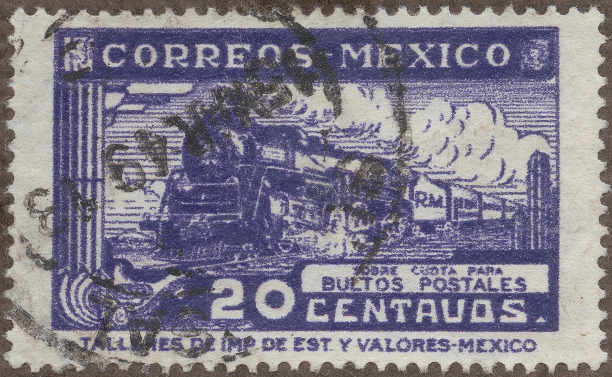 Frimärken ur Gösta Bodmans filatelistiska motivsamling, påbörjad 1950. Frimärke från Mexico, 1941. Motiv av Ånglokomotiv Mexico "- Paketmärke -"