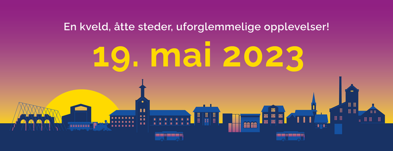 Arrangementsbilde for MuseumsNATT med Hamars skyline og påskriften 19. mai 2023
