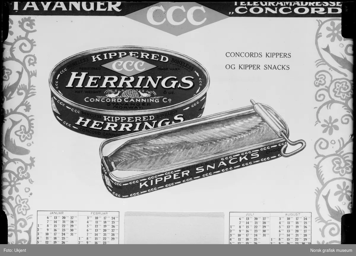 Reklame for hermetiske kipperes fra hermetikkfabrikken Concord Canning Co. Det er bilde av en åpen og en lukket hermetikkbok med titlene "KIPPERED HERRINGS" og "KIPPER SNACKS".