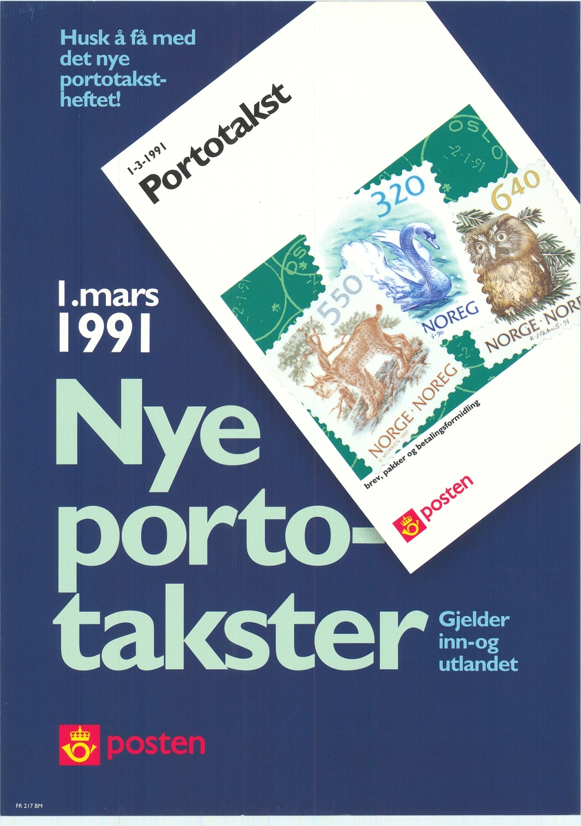 Tosidig plakat med tekst på bokmål og nynorsk. Postlogo. Hvit skrift på blå bunnfarge.