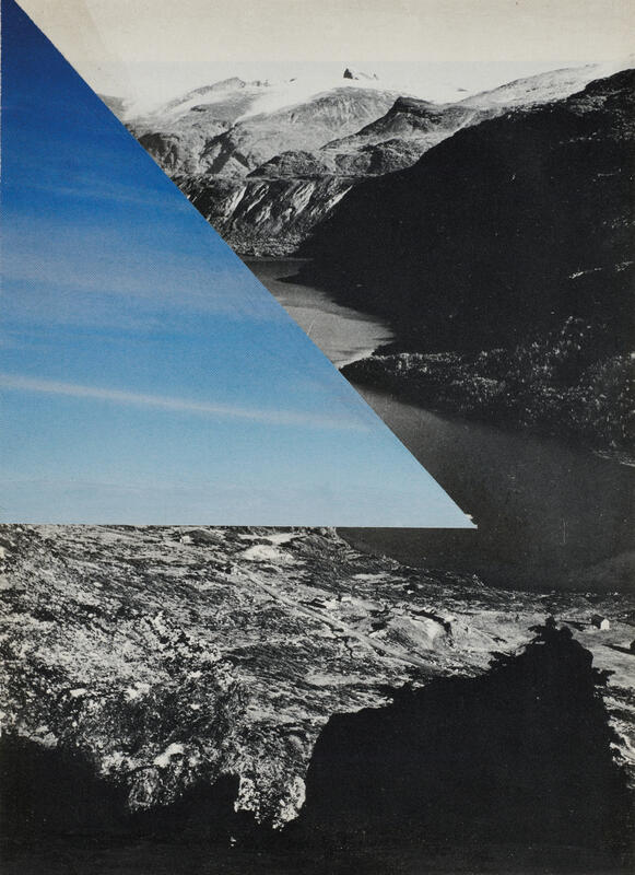 A black and white picture of a fjord. Mounted into it there is a triangle with blue sky. Collage and photography.