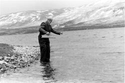 Jon Kolstadløkken (f. 1910) dreg oter på Langvatnet i Breida