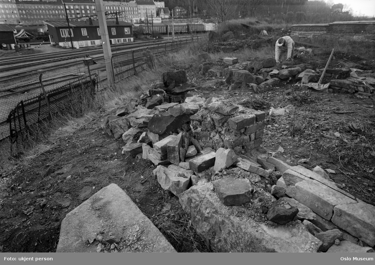 arkeologiske utgravninger i Middelalderparken, ruiner, mann, jernbane, bygårder