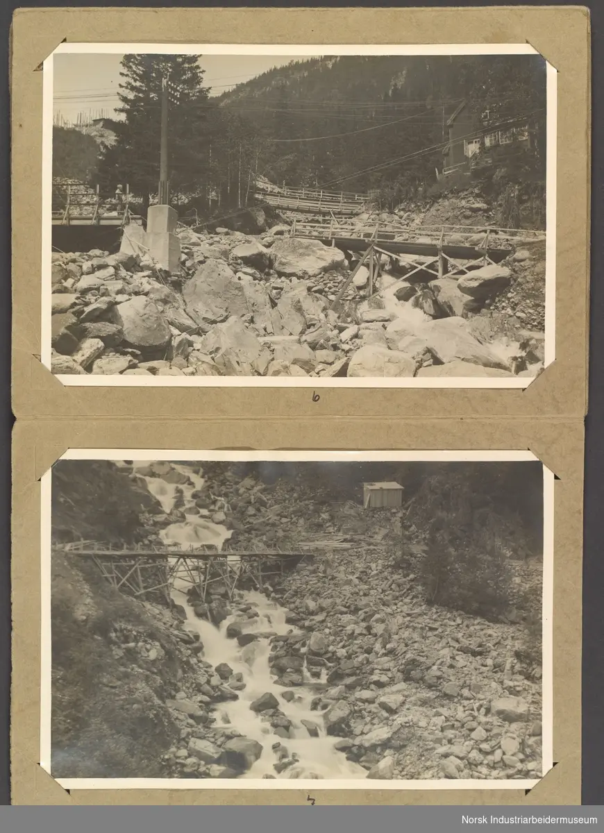 Dokumentasjon av flomødeleggelsene på Rjukan 28.-29. juni 1927. Flere hus, bygninger broer og veier ble ødelagt.