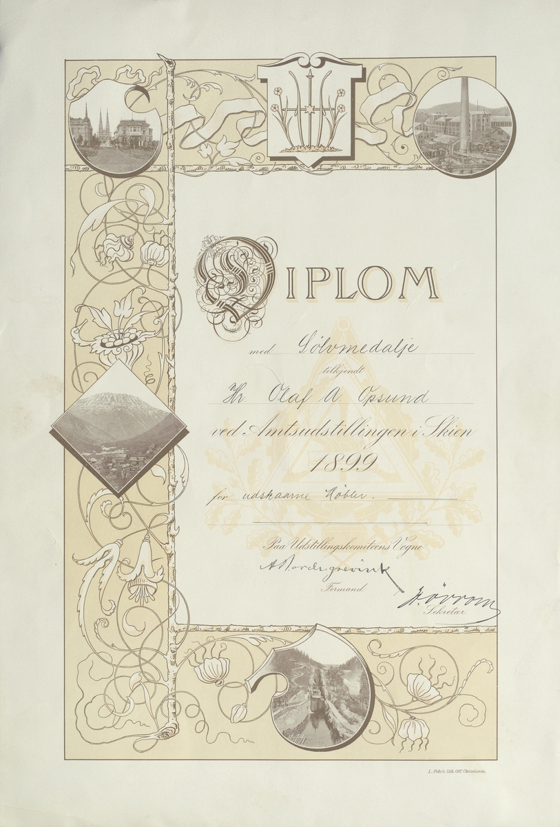 Diplom frå Amtsudstillingen i Skien, 1889.