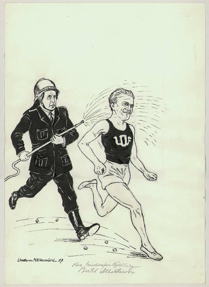 E W Kylberg sprutar vatten över en sprintande Bertil Albertsson. Teckning 1957.