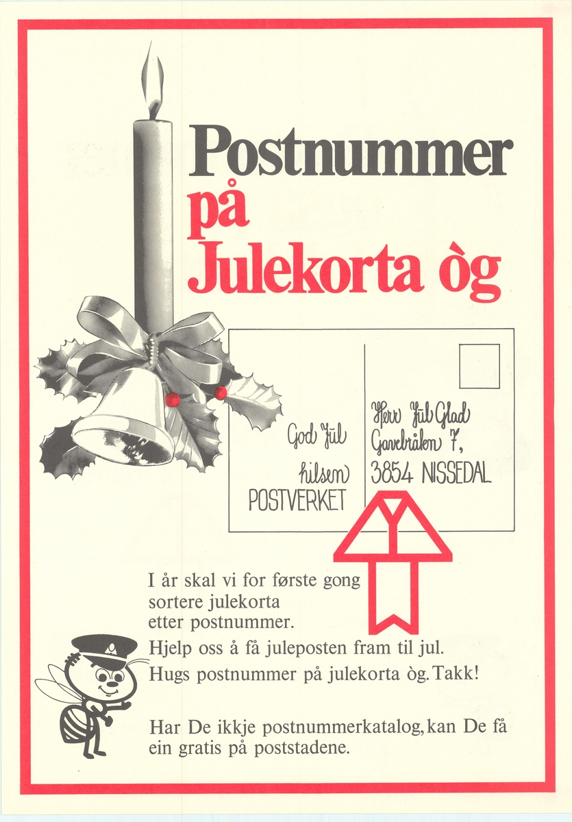 Tosidig reklameplakat med tekst på nynorsk og bokmål. Med motiv og tekst.