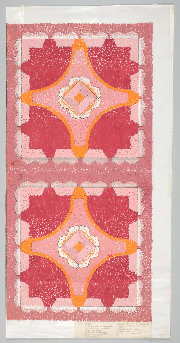 Skiss till heltäckningsmatta i rosa, cerice och orange i ett geometriskt mönster.