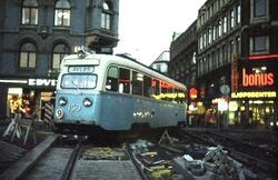 Avsporet sporvogn på Wessels plass i 1978. Oslo Sporveier, B