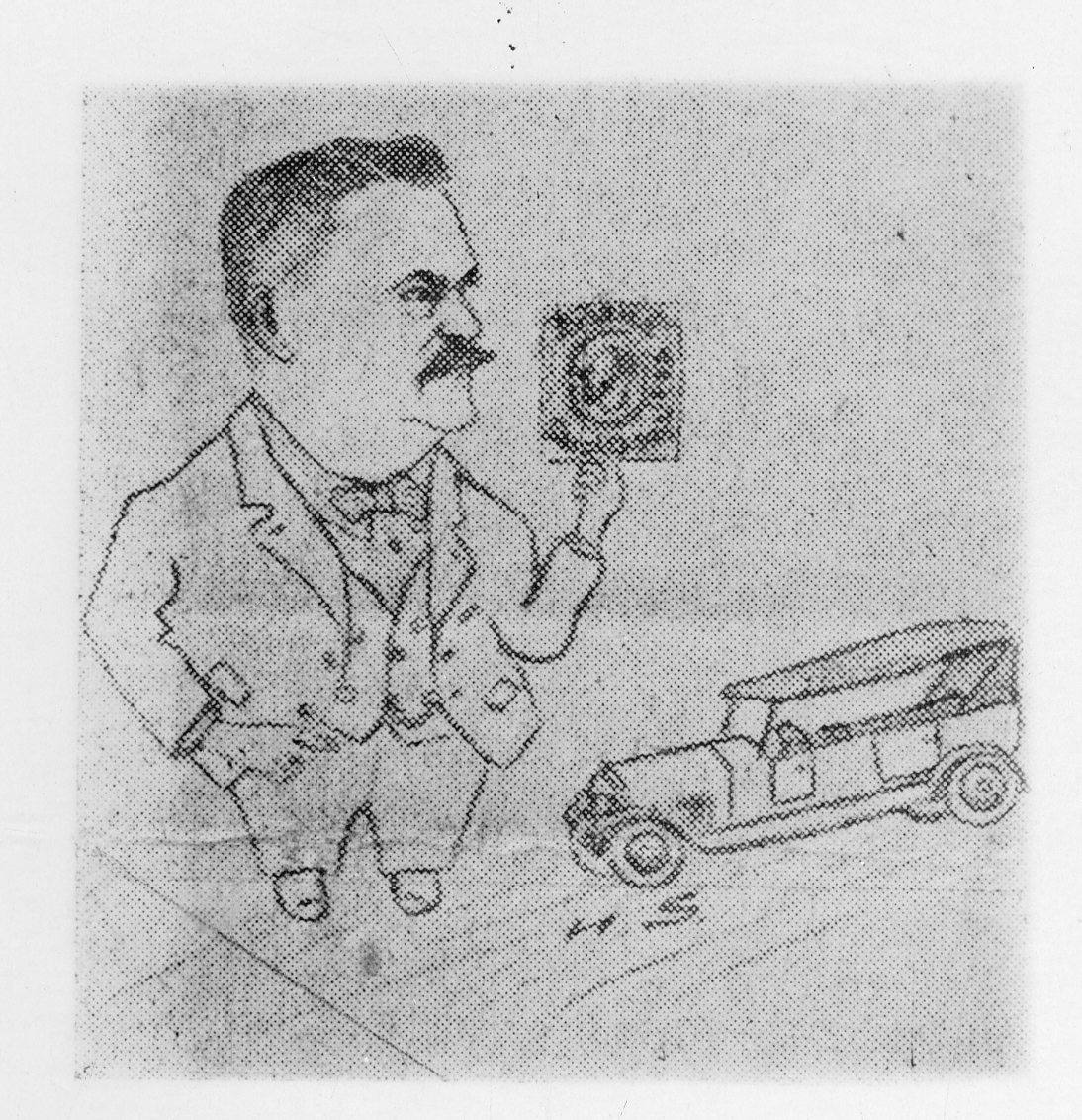 Vykort med en liten teckning i övre vänstra hörnet, en karikatyr föreställande en man intill en liten bil och med ett frimärke i handen.