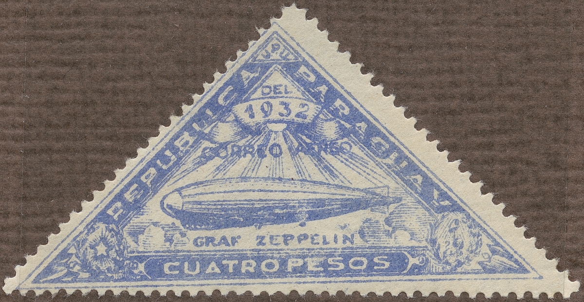 Frimärke ur Gösta Bodmans filatelistiska motivsamling, påbörjad 1950.
Frimärke från Paraguay, 1932. Motiv av Luftskeppet "Graf Zeppelin"