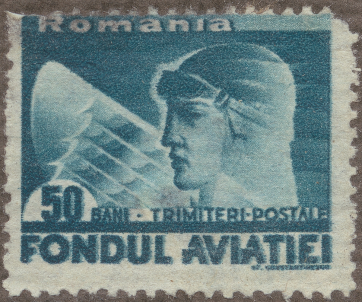 Frimärke ur Gösta Bodmans filatelistiska motivsamling, påbörjad 1950.
Frimärke från Rumänien, 1936. Motiv av Rumänisk pilot För flygväsendet.