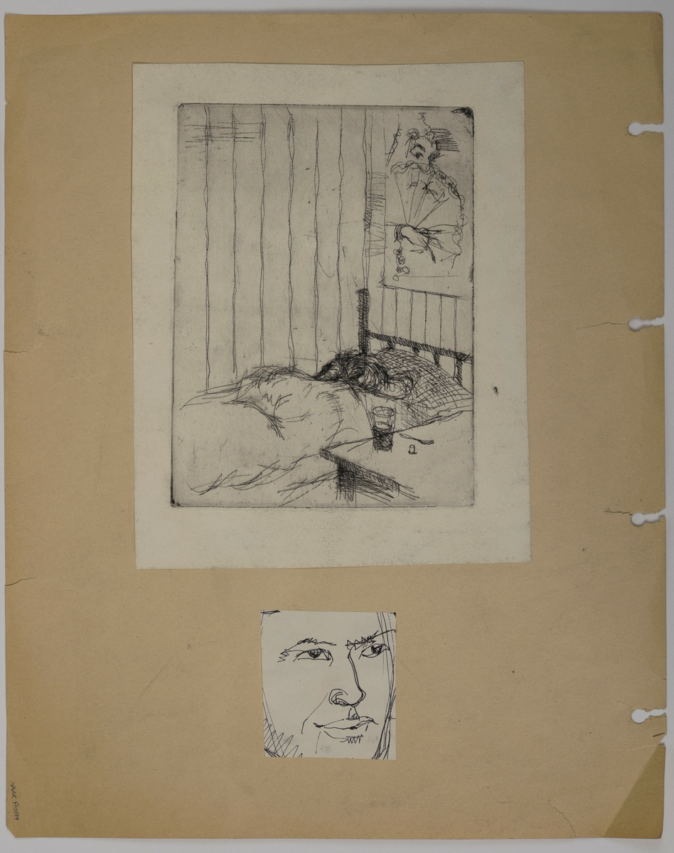 Side 1: Portrett kvinne i profil
Side 2.1: Rom med seng, plakat over seng, glass på nattbord.
Side 2.2: Ansikt, mann