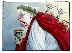 Satiretegning av Morten Mørland, gicléettrykk i opplag på 10. Boris Johnson er kledd som Julius Caesar, men har blitt stabbet i ryggen av vinåpnere.