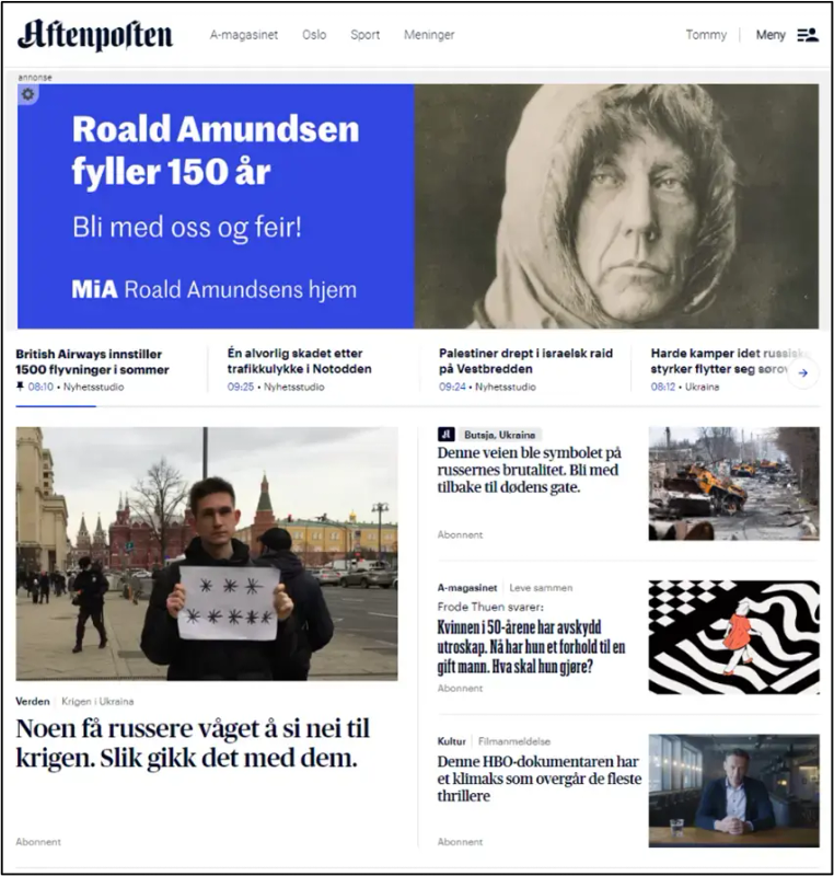 Skjerdump av forsiden på aftenposten.no