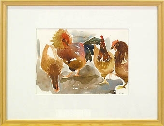 Enl. Liggaren: "Akvarell. H 330, br 420. 4 st hönor. Konstnär: Elisabet Hilling."

Akvarell föreställande fyra hönor i bruna och oranga nyanser.
Smal fururam och glas.