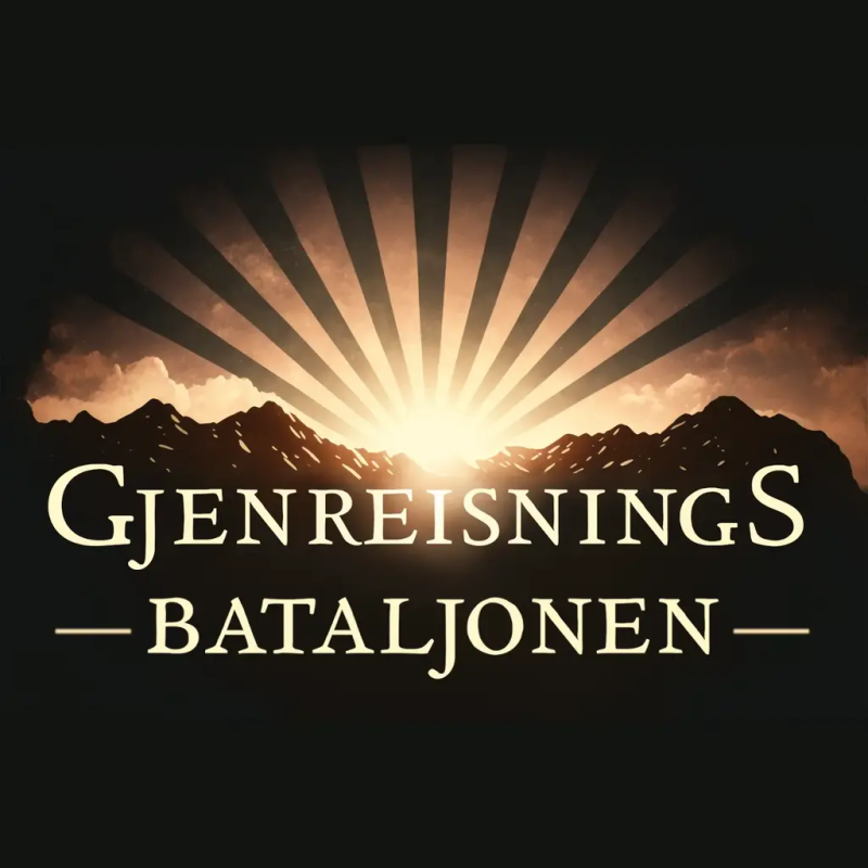 Ikon til podcasten "Gjenreisningsbataljonen", der vi ser en sol som står opp bak nordnorske fjell.