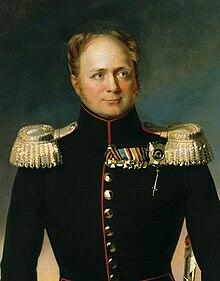 Portrett av den russiske keiseren Alexander I Pavlovich, et maleri av en mann i uniform med medaljer på