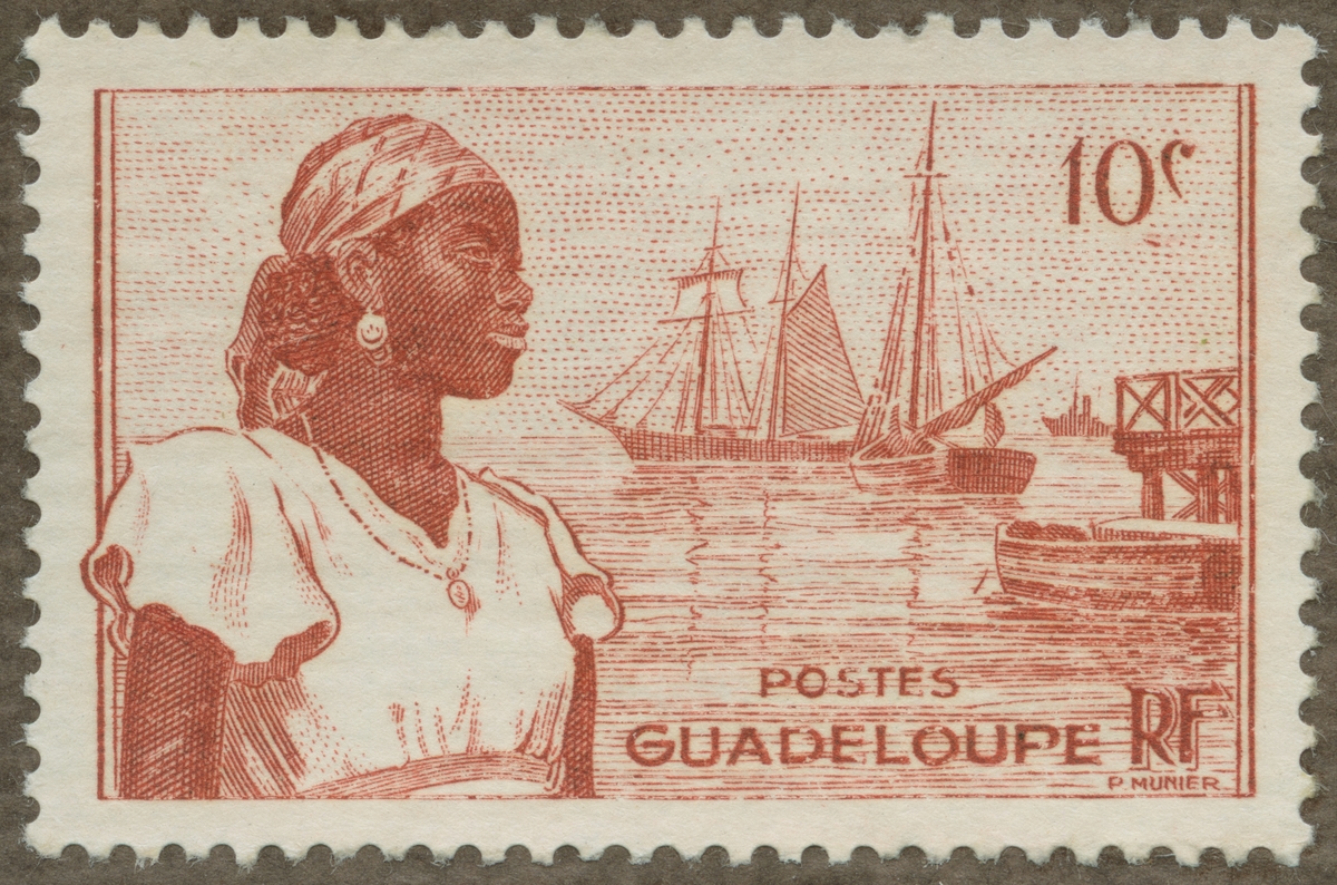 Frimärke ur Gösta Bodmans filatelistiska motivsamling, påbörjad 1950.
Frimärken från Guadeloupe, 1947. Motiv av Hamnen i Basse Terre Guadeloupe