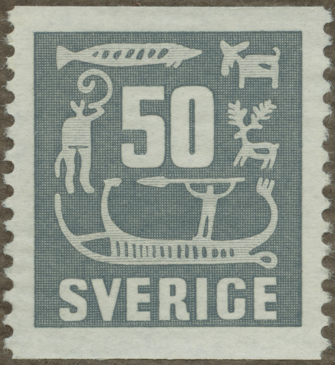 Frimärke ur Gösta Bodmans filatelistiska motivsamling, påbörjad 1950.
Frimärke från Sverige, 1954. Motiv av skepp Svensk hällristning