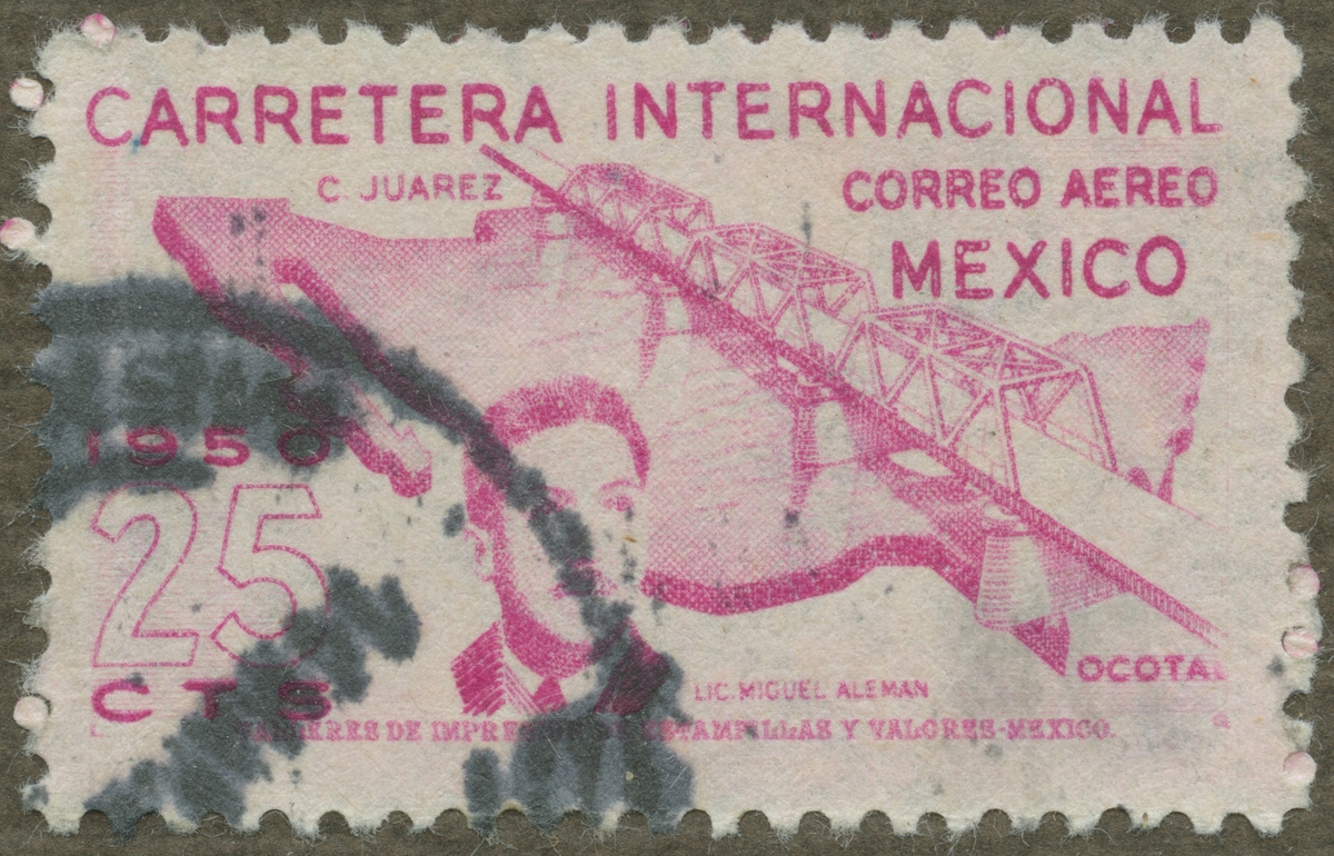 Frimärke ur Gösta Bodmans filatelistiska motivsamling, påbörjad 1950.
Frimärke från Mexico, 1950. Motiv av Lång fackverksbro i Mexico C. Juarez- Ocota