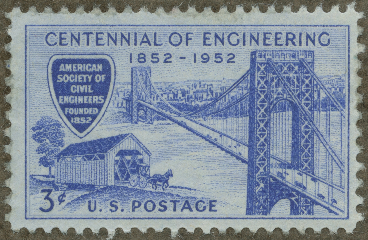 Frimärke ur Gösta Bodmans filatelistiska motivsamling, påbörjad 1950.
Frimärke från U.S.A., 1952. Motiv av Brooklynbron och dess föregångare 100-årsminne av American Society of Civil Engineers grundad 1852