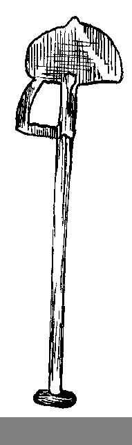 Spade av järn med skaft av trä. En extra böj av järn går ut vid spadens fäste i skaftet, fäster i bladets överkant. Handtag av trä längst upp på skaftet.