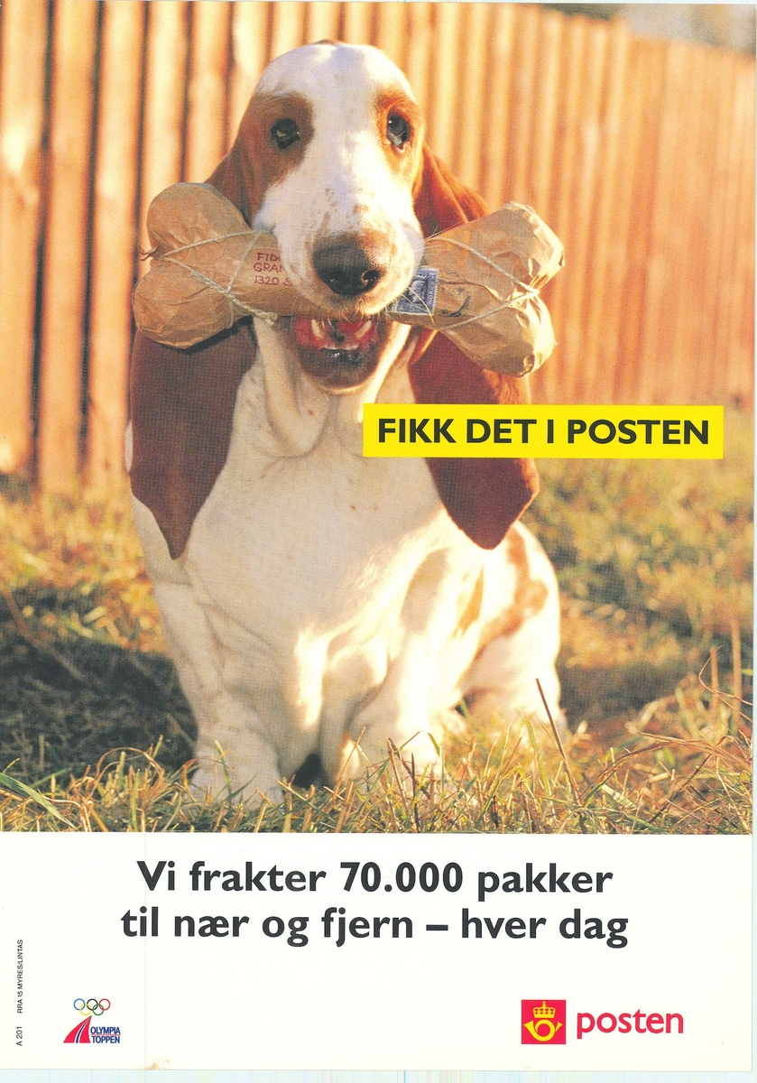 Tosidig plakat med tekst på bokmål og nynorsk. Bildemotiv og tekst på hvit bakgrunn. Postens logomerke.