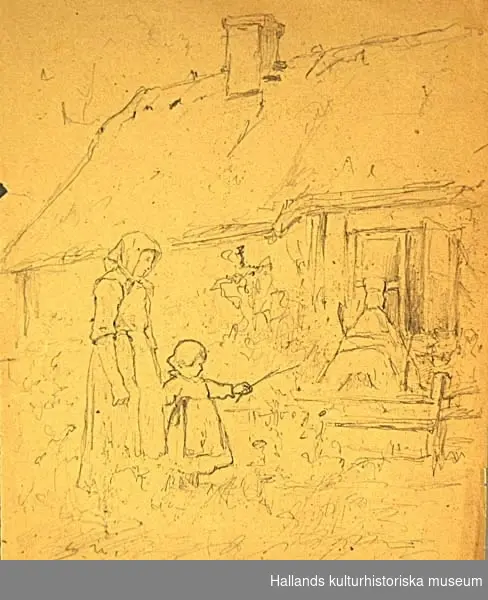 Blyertsteckning. Föreställer en kvinna och ett barn framför en stuga med bikupa och blommor. Signerat: S.N.