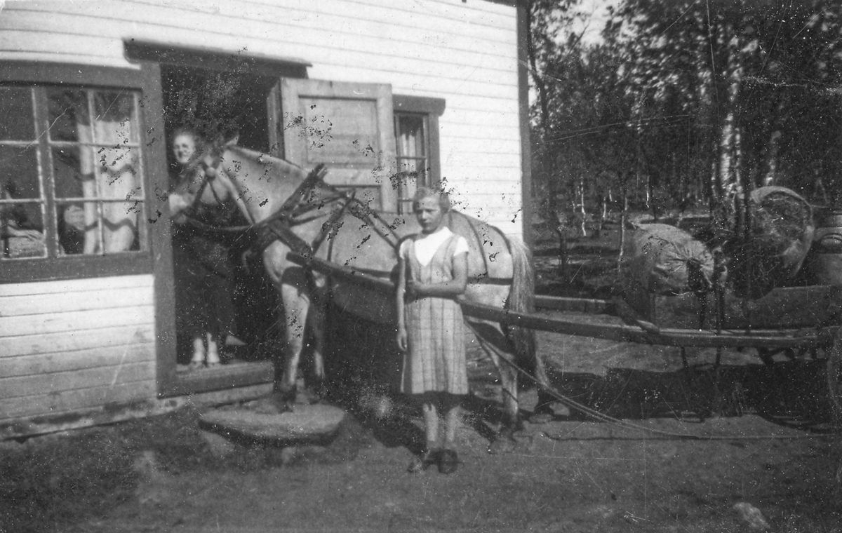 En hest spent foran en vogn stikker hodet inn døra på et hus. Kvinne i døråpninga, en ungjente står foran hesten.