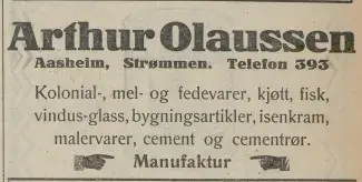 Reklame for Arthur Olaussen landhandleri fra 1927. Akershus Arbeiderblad, 22.01.1927. Nasjonalbiblioteket.